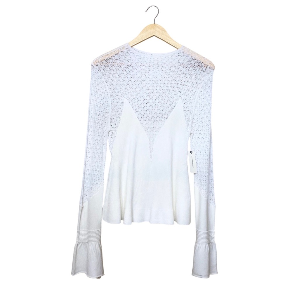 Anthropologie Ivory Crochet Lace Ribbed Peplum Top Bell Sleeve Size M NEW
